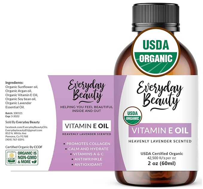 Organic Vitamin E Oil - Heavenly Lavender Scented USDA Certified 100% All Natural Plant Based 2oz - Lightweight and Great for Scars After Surgery - Reduce Wrinkles, Anti Aging, Lighten Dark Spots