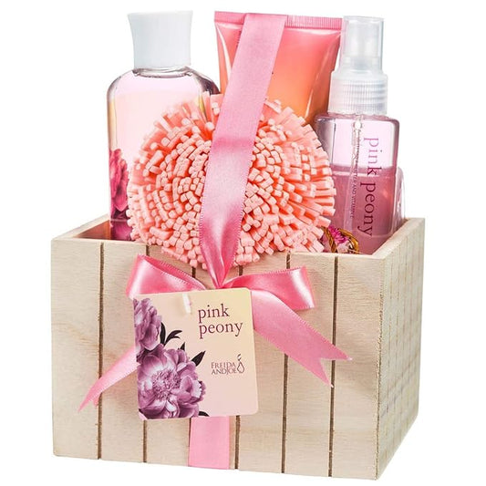 Pink Peony Bathroom Bath Set for Women, Complete Skincare Products in a Natural Wood Plant Box, Body Lotion, Shower Gel, Bubble Bath, Body Spray, Puff Mother’s Day Gift for Mom