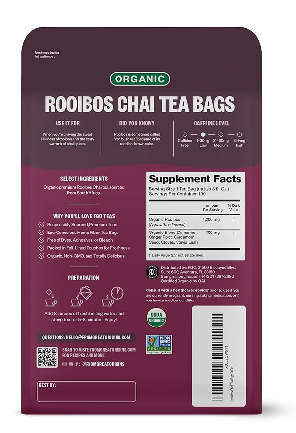 FGO Organic Rooibos Chai Tea, 100 Count, Eco-Conscious Tea Bags, Resealable Bag, Packaging May Vary (Pack of 1)