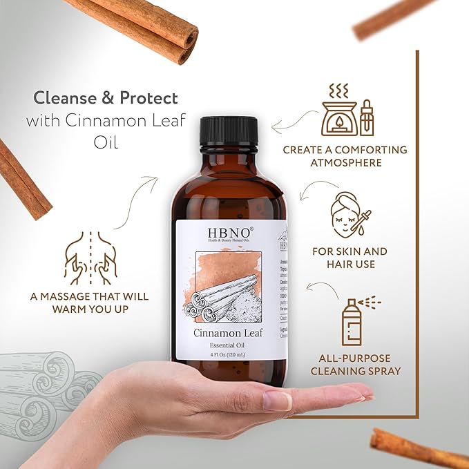 HBNO California Bottled Cinnamon Essential Oil (Leaf) 4 fl oz (120ml) - Natural Cinnamon Essential Oil for Diffuser - Perfect for Cleaning, Aromatherapy, DIY, Soap & Diffuser - Cinnamon Oil Essential