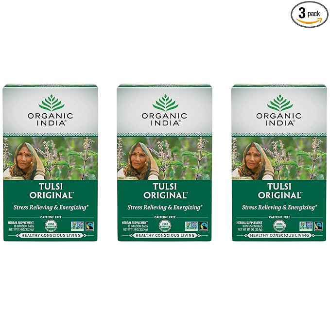 ORGANIC INDIA Tulsi Original Herbal Tea - Holy Basil and African Basil Calming and Stress Relief Tea, Immune Support, USDA Certified Organic, Non-GMO, Caffeine-Free - 18 Infusion Bags, 3 Pack