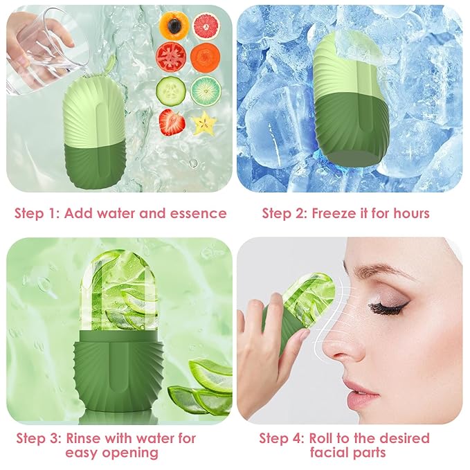 Ice Face Roller, Silicone Facial Ice Roller, Reusable Skin Care Massager Tools for Relieve Puffiness, Tighten Skin, Shrink Pores Shell Green