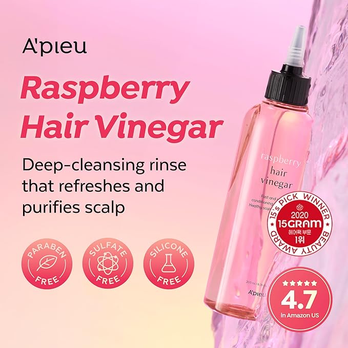 A’PIEU Raspberry Hair Vinegar - Scalp Cleanser & Detox for Oily Scalp, Buildup & Dandruff, pH-Balancing Rinse for Fresh, Shiny Hair, Korean Hair Care, 6.76 fl oz