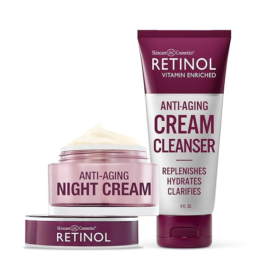 Retinol Night Cream – Works While You Sleep to Restore and Reduce Fine Lines and Wrinkles + Retinol Anti-Aging Cream Cleanser – Daily Deep Cleansing Facial Wash Exfoliates & Moisturizes