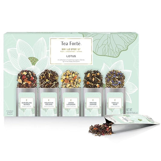 Tea Forte Lotus Single Steeps Loose Leaf Premium Mother's Day Tea Gift Set Sampler, 15 Count 3 of Each Assorted Blends, Pre-Portioned Single Serve Pouches, Steeps 12 oz