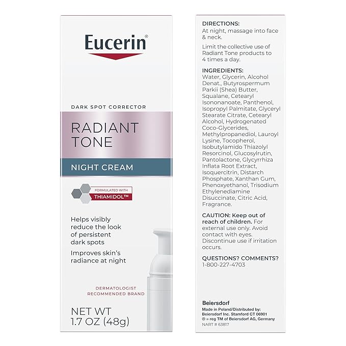 Eucerin Radiant Tone Night Cream, Dark Spot Corrector for Face with Thiamidol, Helps Visibly Reduce the Look of Persistent Dark Spots, 1.7 Oz Bottle