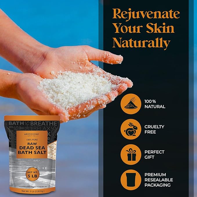 Aromasong 5 lbs Raw Dead Sea Salt - Contains All Dead sea Minerals Including Dead sea Mud - Fine Medium Grain Bath Salt Large resealable Bulk Pack (Packaging May Vary)