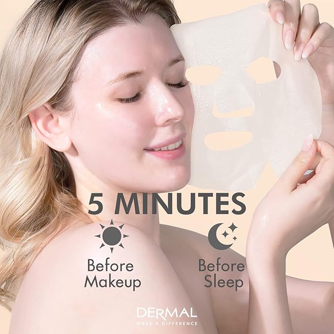 DERMAL 32 Combo A+B Set Collagen Essence Korean Face Mask - Hydrating and Soothing Facial Mask with Panthenol - Hypoallergenic Self Care Sheet Mask for All Skin Types - Natural Home Spa Treatment Mask