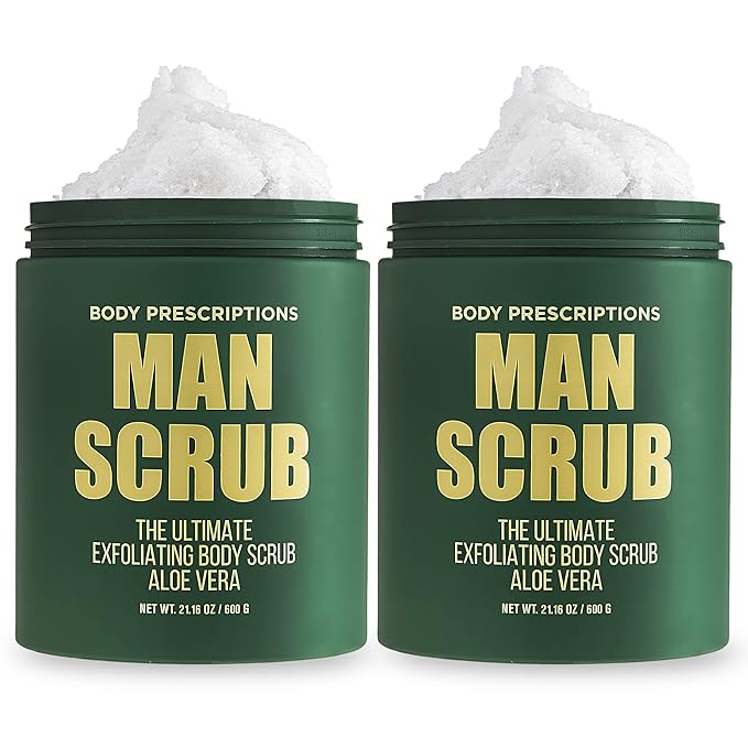 Body Prescriptions Men’s Exfoliating Body Scrub – Ultimate Skin Cleansing Wash in Jar with Twist-Top Lid, For All Skin Types, 21 Ounce (Pack of 2), Aloe Vera