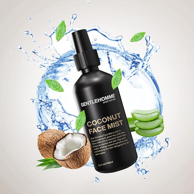 Coconut Face Mist - Men’s Facial Spray - with Hyaluronic Acid, Aloe Vera & Green Tea - Refresh, Moisturize & Hydrate - Use Day & Night - Safe for All Skin Types - Vegan - 3.4oz - 1 Pack
