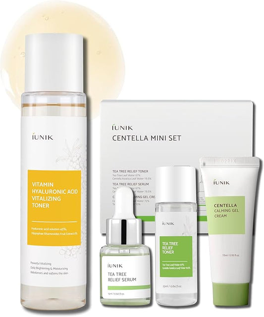 iUNIK Centella Mini Set & Vitamin C Face Toner Travel Friendly Trial Kit Intense Calming Soothing Serum Ampoule Moisturizer Cream Tea Tree Hyaluronic Acid Deep Nourishing Revitalizing Korean Skincare