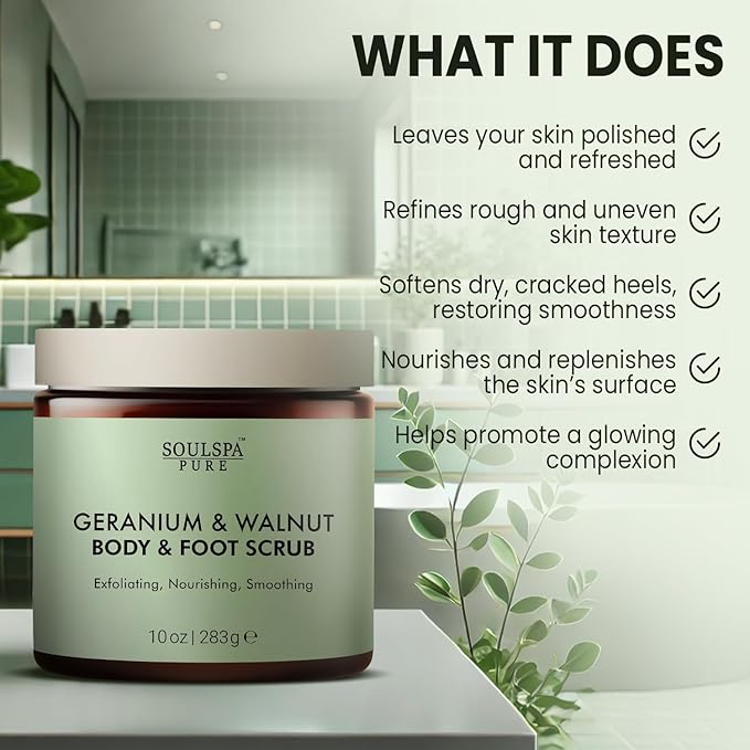 Geranium & Walnut Body & Foot Scrub | Nourishing & Smoothing Exfoliating Body Scrub for Enhanced Skin Texture, 10 oz