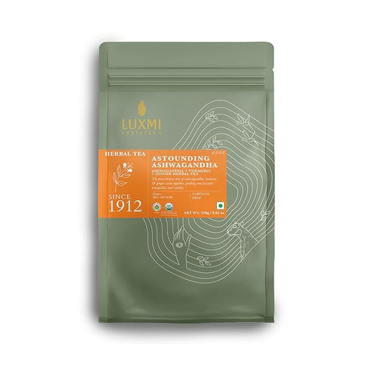 Luxmi Estates Astounding Ashwagandha Root Loose Tea 250g Pack | Certified USDA Organic Herbal Tea For Stress Support | With Turmeric, Ginger, Lemongrass & More | 125 Cups