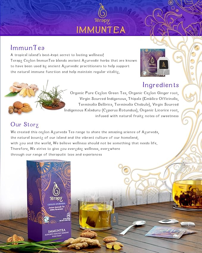 Térapy Ceylon ImmunTea Organic Tea Bags | All Natural Herbal Ingredients | Eco-friendly & Unbleached Pure Herb Tea Bags- Premium Individually Wrapped Herbal Tea Bags- 20 Count Tea Bags, 1.41oz(40g)