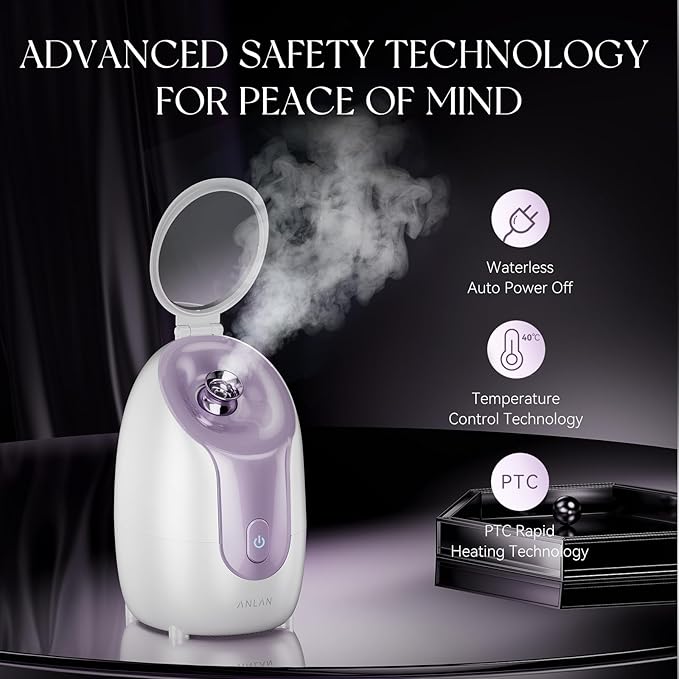 ANLAN Facial Steamer with Adjustable Makeup Mirror & Nozzle, 30s Fast Steam, Large Water Tank for Home Facial Spa, Anti-Dry-Burn & Anti-Slip Design, Face Steamer for Dry Skin - Hydrates & Opens Pores
