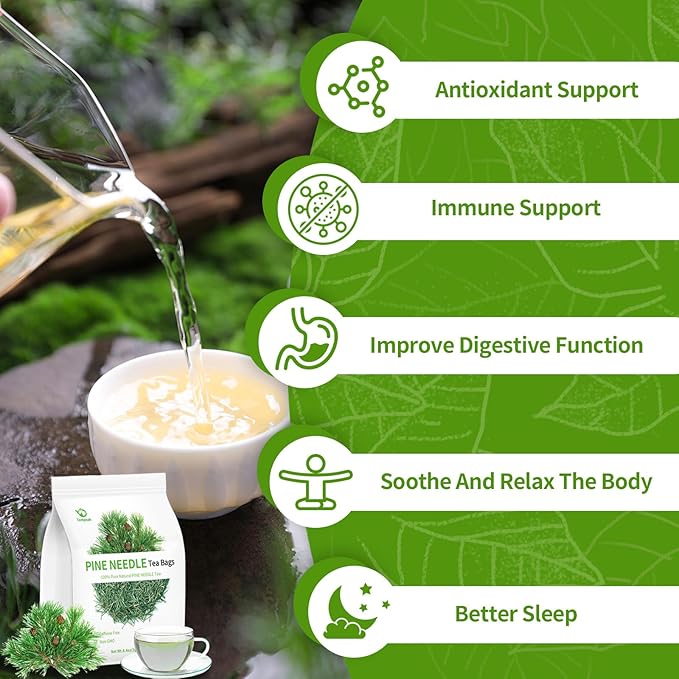 Wild Pine Needle Tea Bags - 60bags/6.4 Oz 100% Pure & Natural Pine Needle Herbal Tea, Caffeine Free, No Additives, No Sugar, Non-gmo, No Gluten