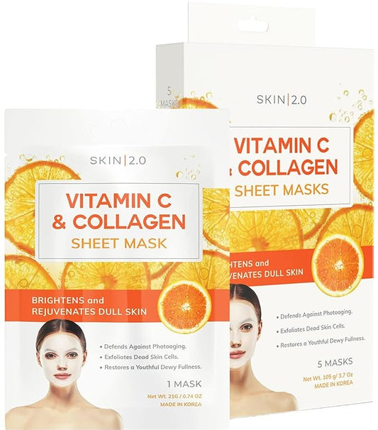 Vitamin C & Collagen Sheet Mask - Anti-Aging, Wrinkle & Age Spot Reducer, Hydrating & Moisturizing - Dermatologist Tested Korean Skincare, Clean Beauty, Cruelty-Free, All Skin Types - 5 Masks