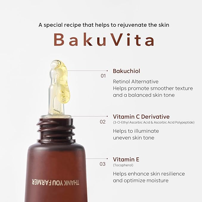 THANKYOU FARMER BakuVita Intensive Eye Serum - Retinol Alternative Bakuchiol, Vitamin C Eye Cream, Vitamin E, Korean Eye Cream for Fine Lines 1.05 Fl oz (30ml)