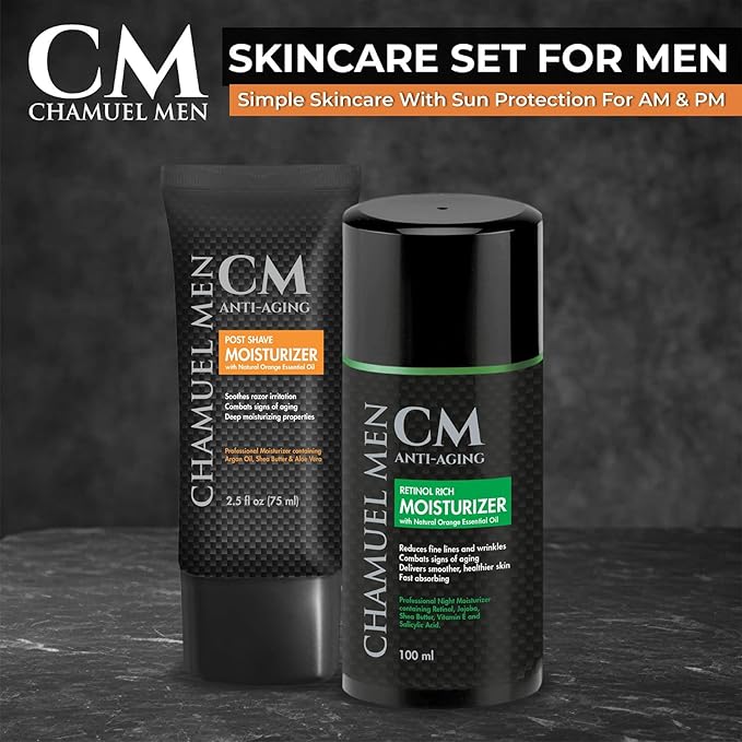 Day & Night Skincare Set for Men | Includes Anti-aging Post Shave Moisturizer + Night Moisturizer w/Retinol. The Essential Kit for Day & Night Skincare for Men. Organic Key Ingredients!