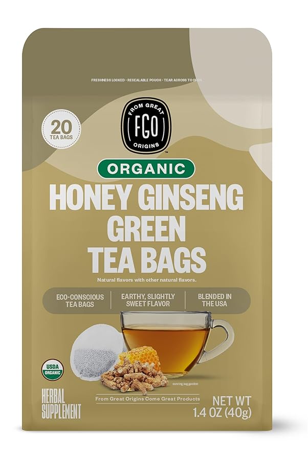 FGO Organic Honey Ginseng Green Tea, 20 Count, Eco-Conscious Tea Bags, Resealable Bag, Packaging May Vary (Pack of 1)