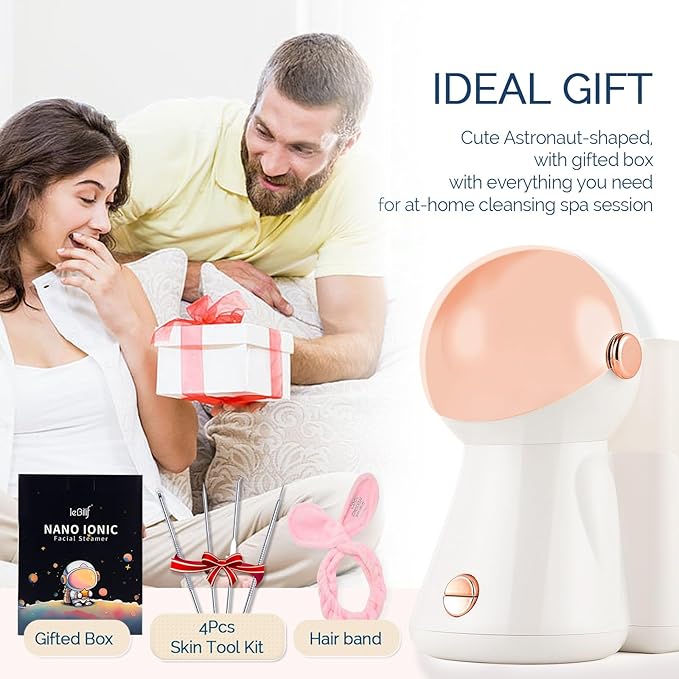 Facial Steamer,with 7 Colors Led Light,Face Steamer for Facial Deep Cleaning,Warm Mist Nano Ionic Steamer for Face Spa Kit,Face Humidifier,Facial Sauna Use at Home, Gift for Women（Rosegold with Light）