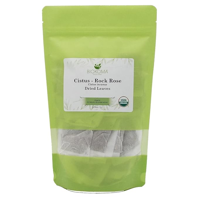 Biokoma Pure and Organic Cistus - Rock Rose (Cistus incanus) Dried Leaves Tea 60 Bags In Resealable Moisture Proof Pouch,USDA Certified Organic-Herbal Tea, No Additives,No Preservatives,No GMO, Kosher