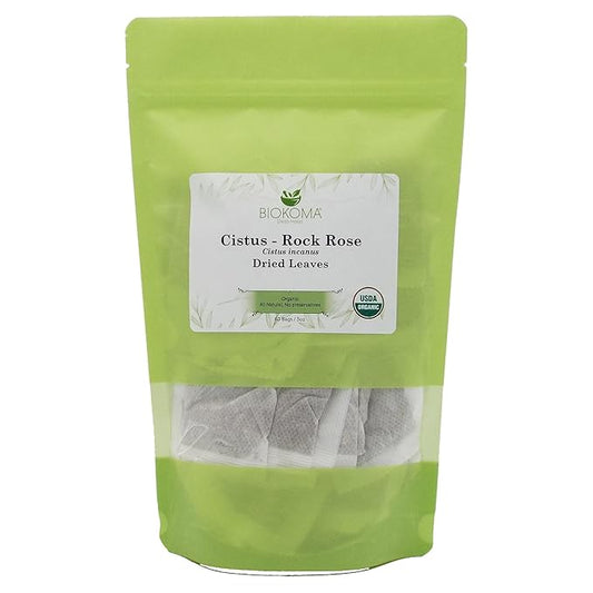 Biokoma Pure and Organic Cistus - Rock Rose (Cistus incanus) Dried Leaves Tea 60 Bags In Resealable Moisture Proof Pouch,USDA Certified Organic-Herbal Tea, No Additives,No Preservatives,No GMO, Kosher
