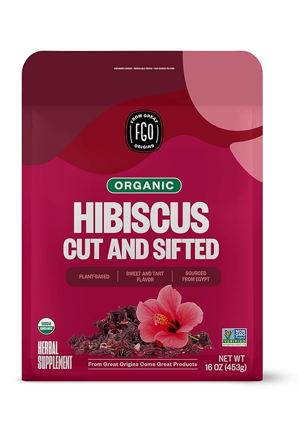 FGO Organic Hibiscus Flowers, Cut and Sifted, 16oz Bulk Resealable Bag, Packaging May Vary (Pack of 1)