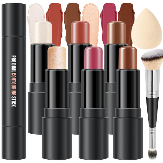 6 Colors Cream Contour Stick Makeup Kit, Shades with Highlighter, Blush and Double-End Bronzer Contour Stick for Sculpt the Cheeks, Long Lasting, Waterproof, Matte & Dewy Finish(SET C)