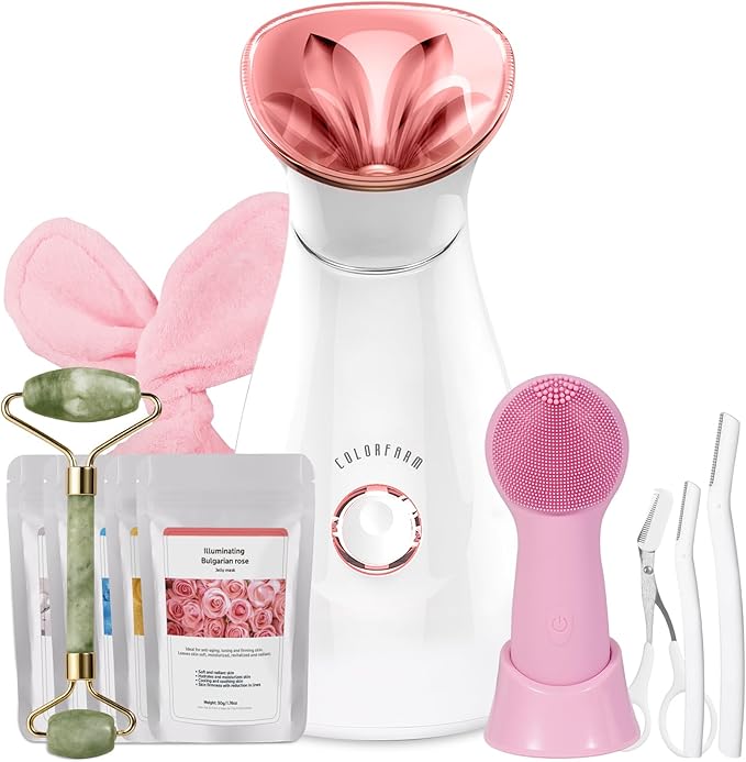 Colorfarm Facial Steamer Skin Care Set: Face Steamer Home Spa Kit Deep Cleaning Unclogs Pores with 5 Skin Care Tools - Spa Relaxing Self Care Gifts for Women (Youth-Boosting & Radiance Spa Kit)