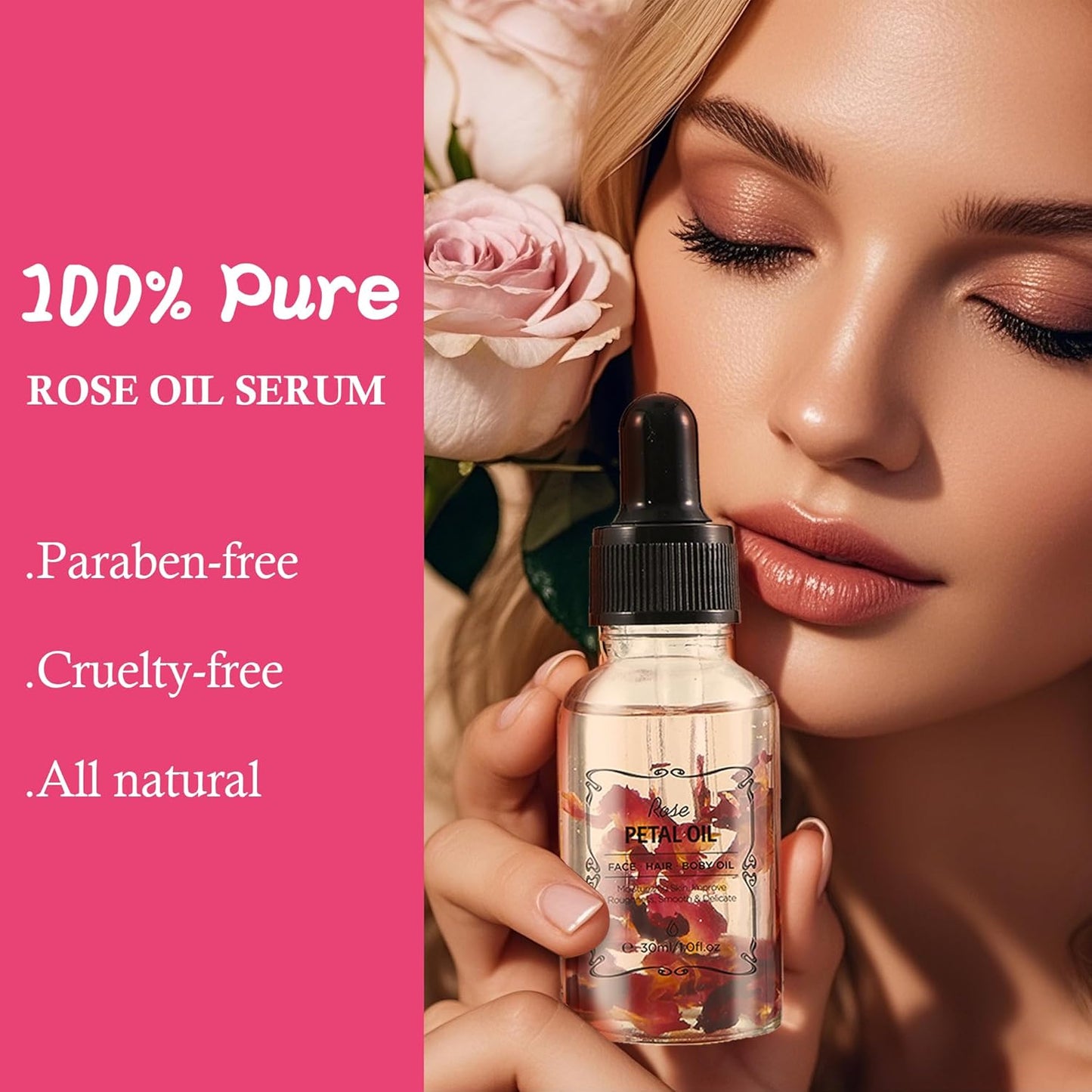Rose Essential Oil with Flower Petal, Sunflower Seed, Olive Fruit Natural Massage Oils for Nails, Hair, Body, Face Moisturizing Skincare Oil Serum Dry Hair Strengthening Treatment All Types 30ml