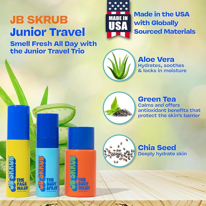 The Junior Travel Trio - Complete Skin Care Set for Kids, Tweens & Teens: Hydrating Body Wash, Refreshing Body Spray, & Gentle Face Wash