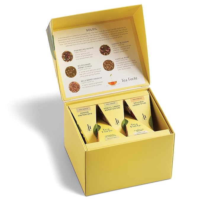 Tea Forte Soleil 3-Piece Mother's Day Tea Gift Set with Yellow Cafe Cup with Lid, Tea Tray and 10 Assorted 2 of Each Variety Organic Handcrafted Pyramid Infuser Tea Bags