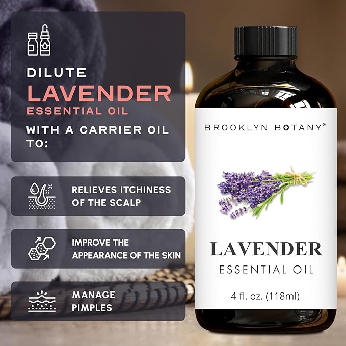 Brooklyn Botany Lavender Essential Oil - Huge 4 Fl Oz - 100% Pure and Natural - Premium Grade with Dropper - for Aromatherapy and Diffuser