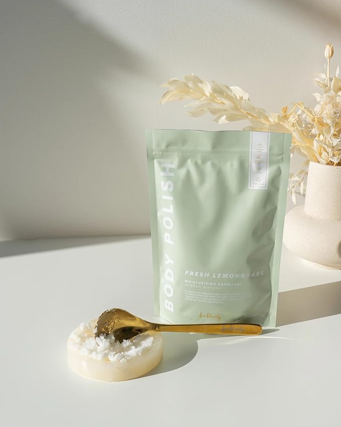 Body Polish, 8oz. - Fresh Lemongrass Scented Body Scrub Exfoliator for Women, Exfoliating Sugar Scrub To Lotion Moisturizer, Gentle Exfoliant for Dry and Sensitive Skin, Handmade in USA
