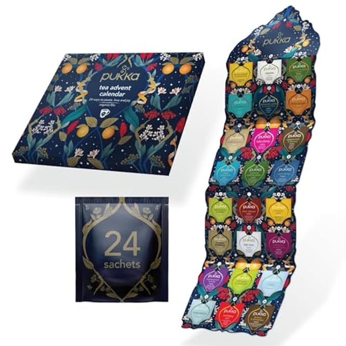 Pukka Advent Calendar 2023 Organic Tea, Herbal Tea Variety Pack, Selection of 24 Delightful Black & Green Teas and Infusions, 100% Organic