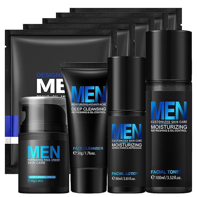 Cool Oil Control Mens Facial Care Kit, Mens Skin Care Kit With Face Wash, Moisturizer, Toner, Lotion, Face Mask, For Hydrating, Deep Cleansing, Men Skin Care Kit Gift Set For Birthday