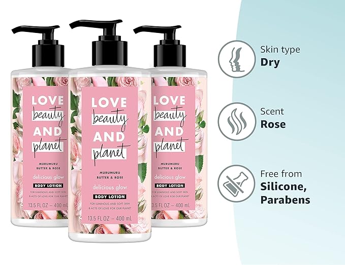 Love Beauty and Planet Delicious Glow Body Lotion for Soft, Glowing Skin Murumuru Butter & Rose Natural Ingredients, Plant-Based Moisturizers, Vegan, Cruelty-Free, 13.5 Ounce (Pack of 3)