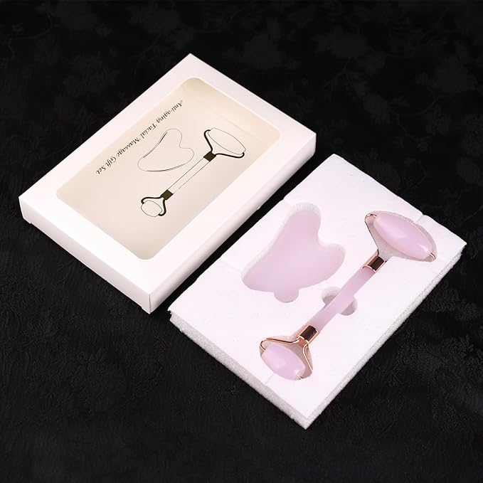 Female Facial gua Sha Jade Roller Tool Set Rose Quartz Crystal face Roller Massager Jade White Jade Massage The face, Eyes (C-Pink)