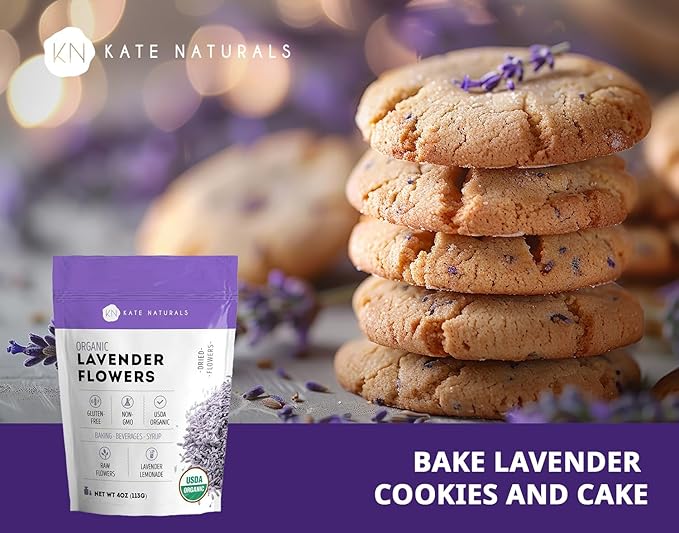 Kate Naturals Dried Lavender Flowers for Tea, Syrup, Lemonade, Soap Making. Edible Culinary Grade Buds (4oz, Organic, Food Grade)