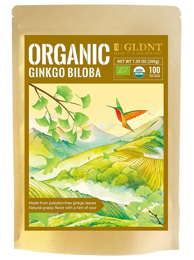 GLDNT Organic Ginkgo Biloba Tea, Dried Ginkgo Biloba Leaves, Mild & Smooth Flavor, Caffeine Free, 100 Count