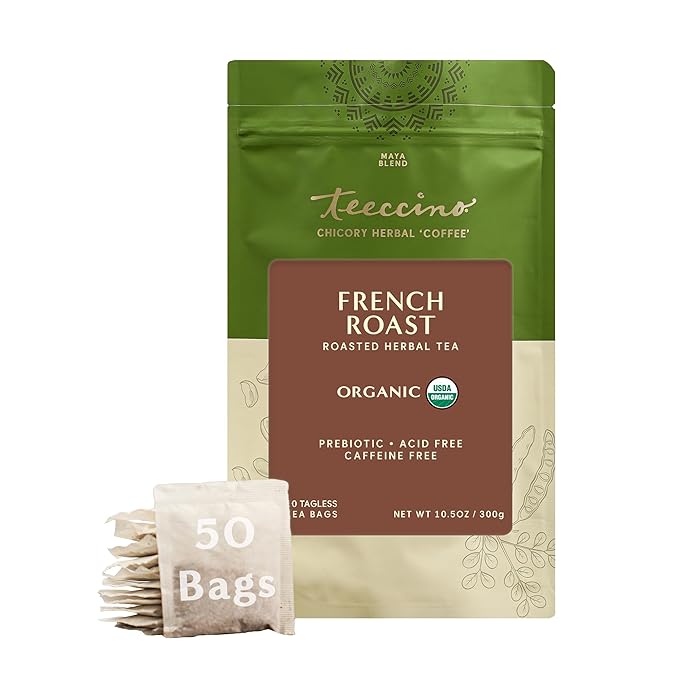 Teeccino French Roast Herbal Tea - Rich & Roasted Herbal Tea That’s Caffeine Free & Prebiotic for Natural Energy, Coffee Alternative, 50 Tagless Eco-Friendly Tea Bags