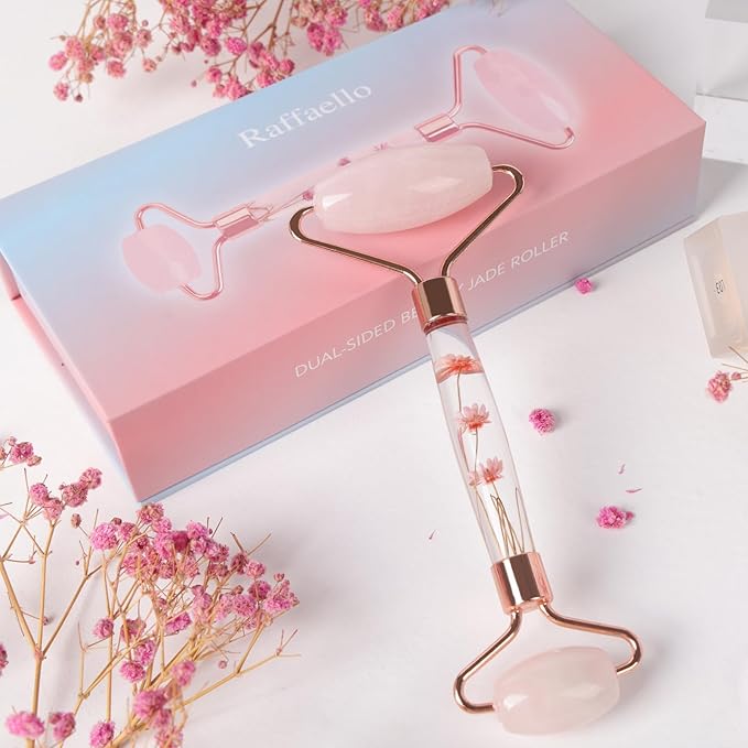 Raffaello Jade Roller - Natural Pink Facial Roller, Redness Reducing Massager for Face, Eyes, Neck - Rose Quartz