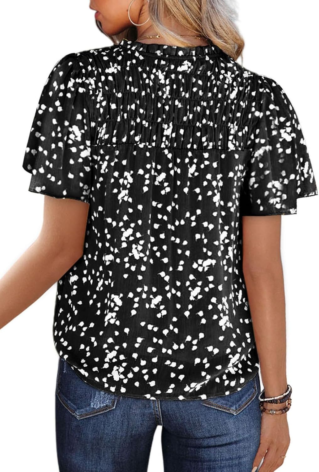 SHEWIN Women's Casual V Neck Floral Print Smocked Short Sleeve Chiffon Blouses Bohemian Top Shirts