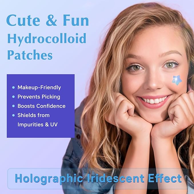 Hologram Pimple Patches for Face, Cute Hydrocolloid Acne Patches, Salicylic Acid & Tea Tree Colorful Star Spot Stickers,Zits & Blemish, Blue Cloud Zit Patches 12MM (48 Count)