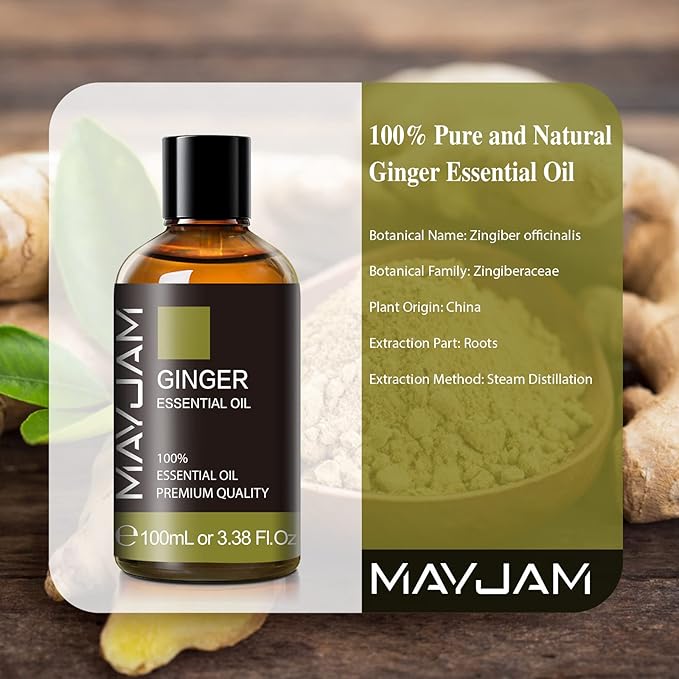 Ginger Essential Oil 100ML/ 3.38FL.OZ, MAYJAM Premium Ginger Oil for Diffuser, Massage, Candle Making, Long Lasting Scents