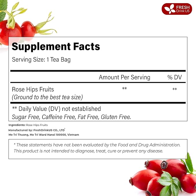 FreshDrinkUS, Premium 135 Rosehip Tea Bags, 100% Natural & Pure from Rose Hip Fruits. Loose Rosehip Herbal Tea. Made with Natural Material Tea Bags. No Sugar, No Caffeine, No Gluten, Vegan.