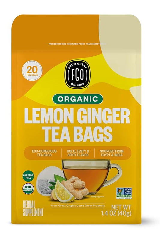 FGO Organic Lemon Ginger Tea, 20 Count, Eco-Conscious Herbal Tea Bags, Resealable Bag, Caffeine Free, Packaging May Vary (Pack of 1)