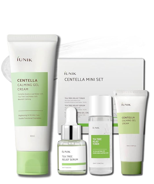 IUNIK Centella Mini Set, Travel Friendly Skincare Set, Ultra calming and hydrating for sensitive skin: Tea Tree Relief Toner,Serum, Centella Calming Gel Cream
