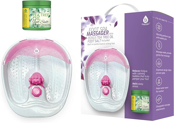Pursonic Foot Spa Massager with Vibrating Bubbles & Tea Tree Oil Foot Salt Scrub with Epsom Salt 10oz Gift Set, Melts Away Stress and Revitalizes Tired Feet,Pink